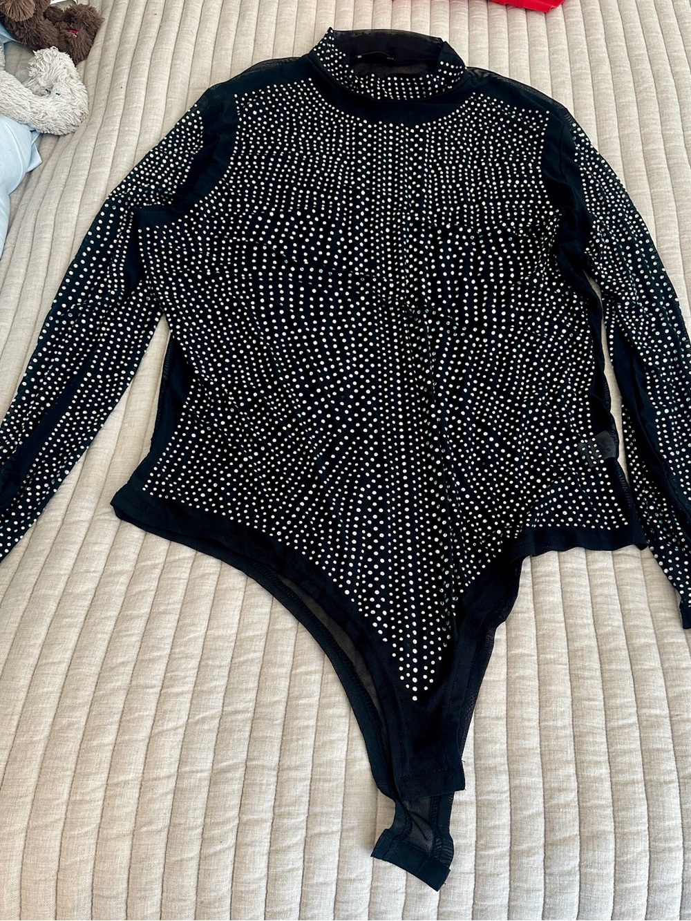 Black Rhinestone Mesh Long Sleeve High-Neck Bodysuit
